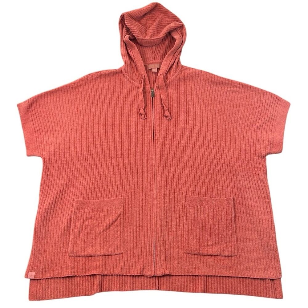 Barefoot Dreams CozyChic Ultra Lite Ribbed Zip Hooded Poncho Cardigan Coral S/M